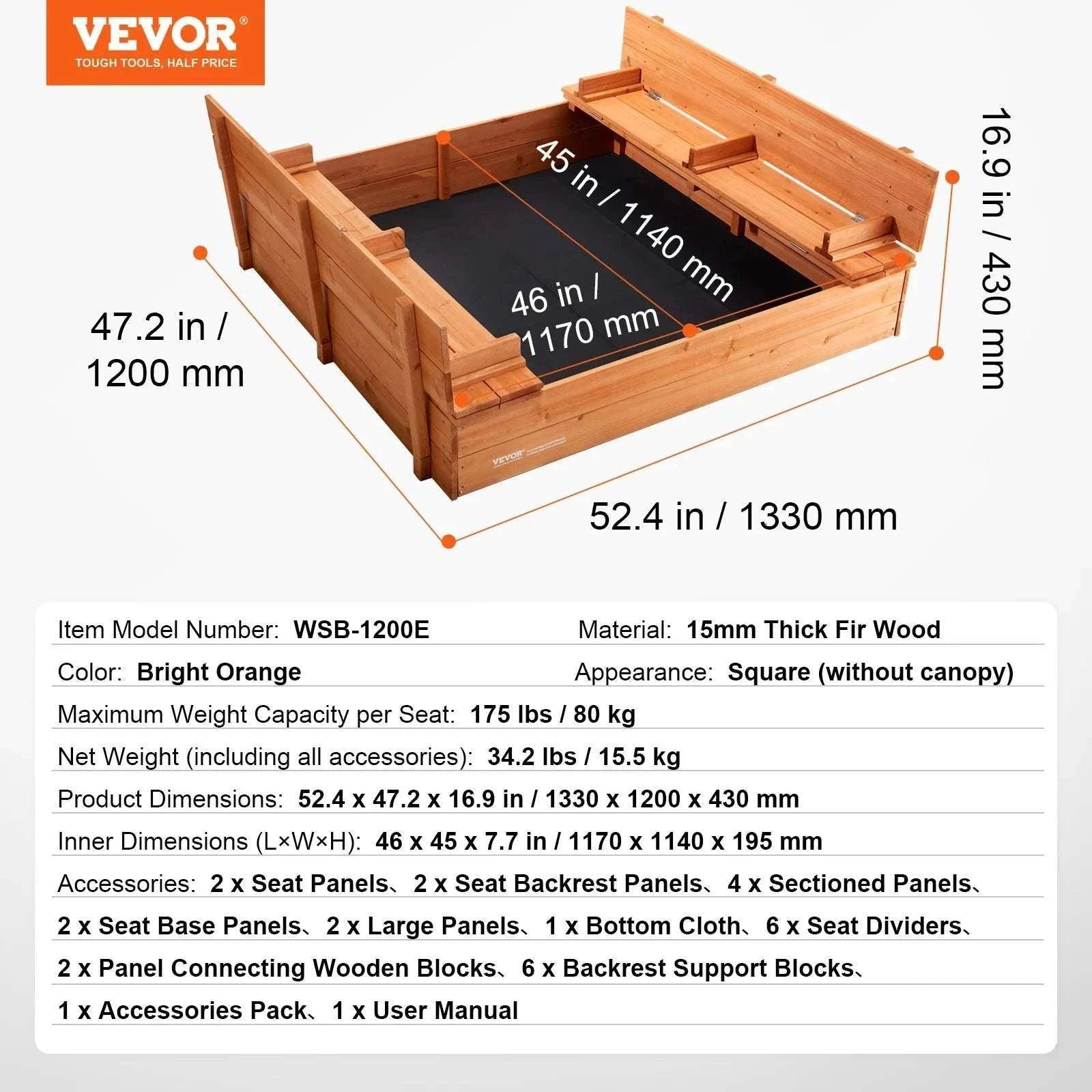 Kids Outdoor Sandbox with Cover & Seats 48.6" Square Play Sand Pit-Square Roof / CZECH REPUBLIC