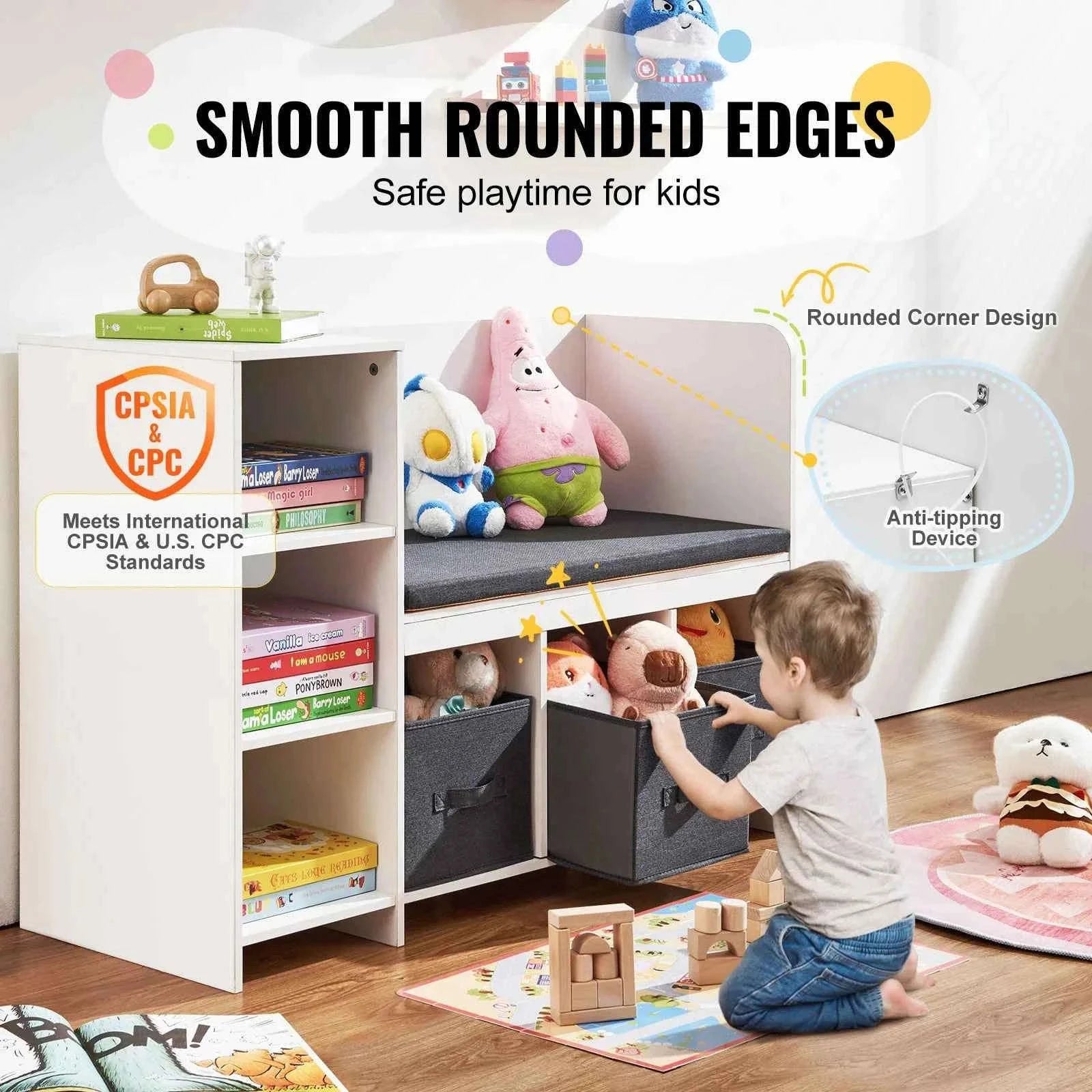 Kids Reading Bookcase Nook Bench with 6 Cubbies and 3 Drawers-White 41-46Inch / United States