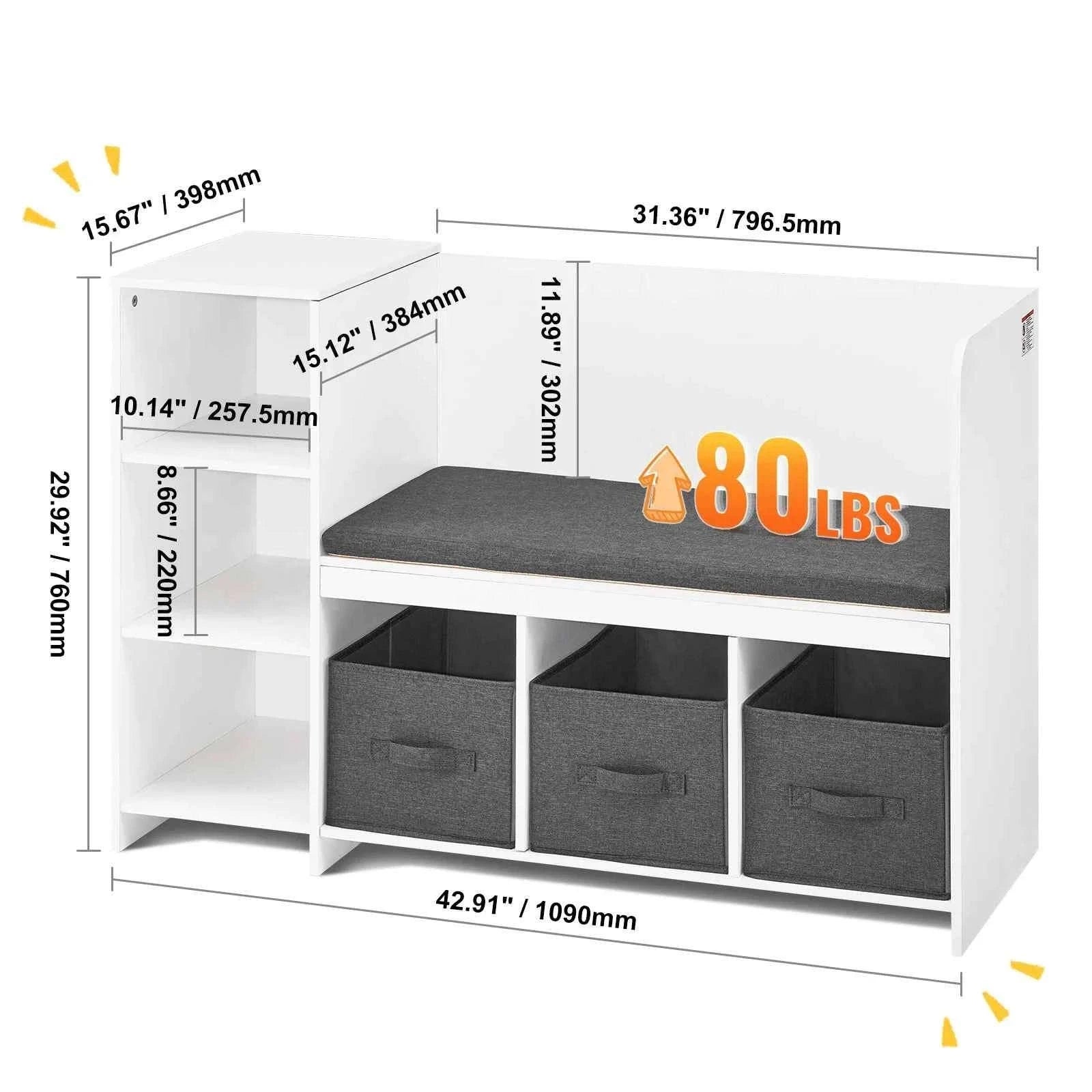 Kids Reading Bookcase Nook Bench with 6 Cubbies and 3 Drawers-White 41-46Inch / United States
