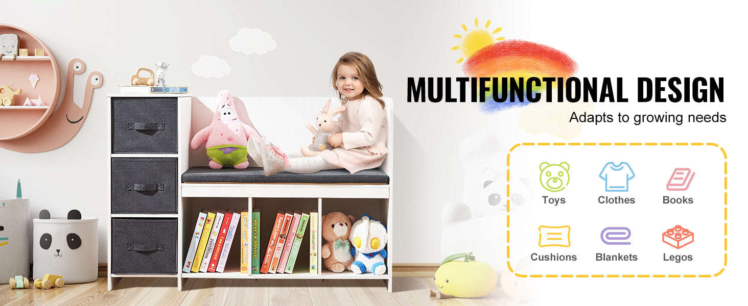 Kids Reading Bookcase Nook Bench with 6 Cubbies and 3 Drawers-White 41-46Inch / United States