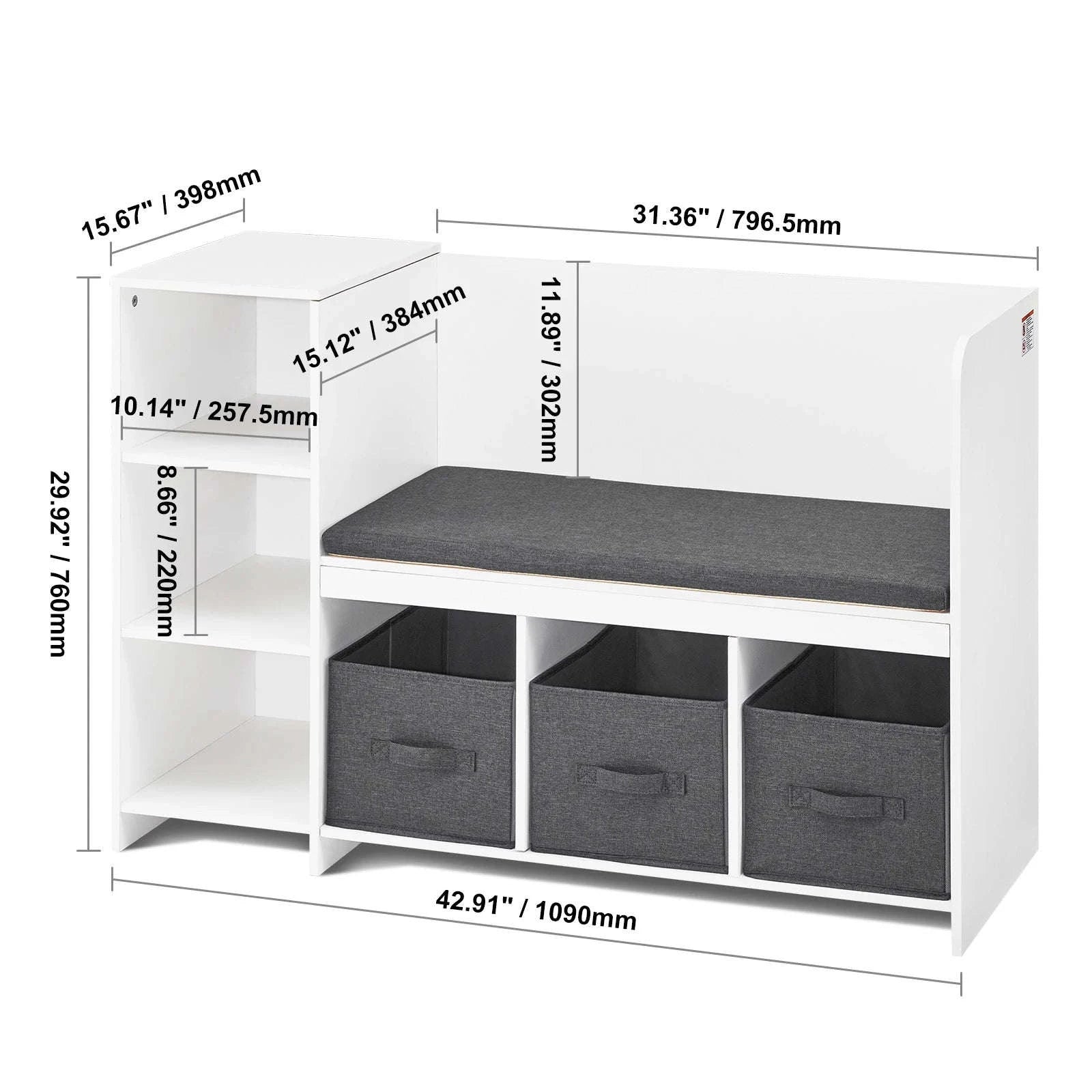 Kids Reading Bookcase Nook Bench with 6 Cubbies and 3 Drawers-White 41-46Inch / United States