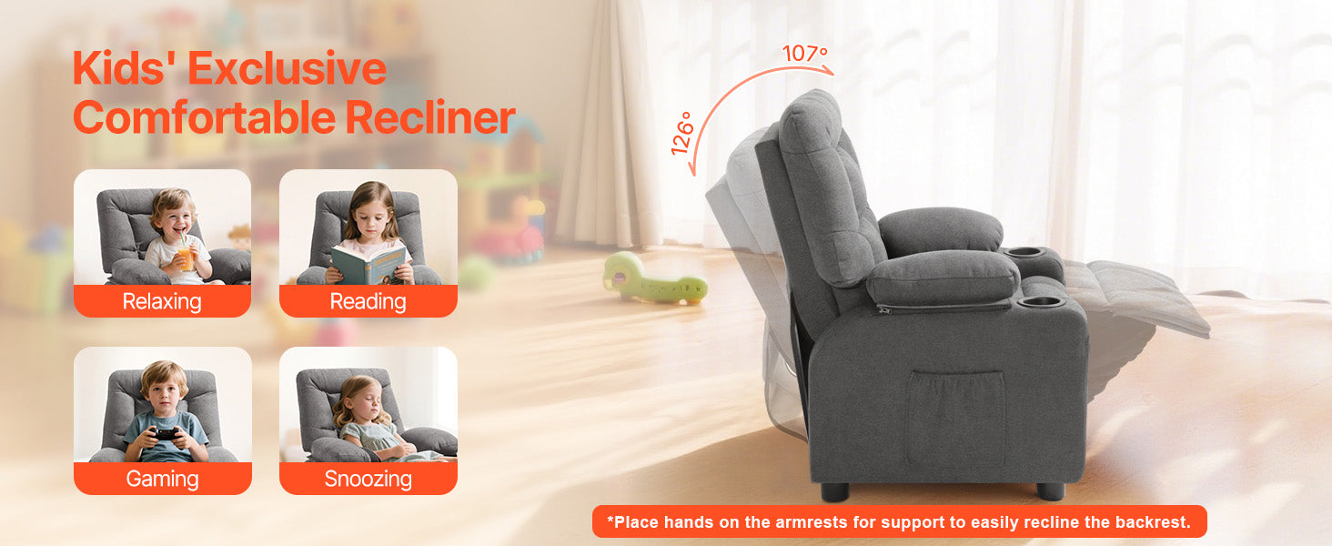 SucceBuy Kids Reclining Chair Toddler Recliner with Cup Holders and Pockets 107° to 126° Adjustable Backrest for Boys & Girls