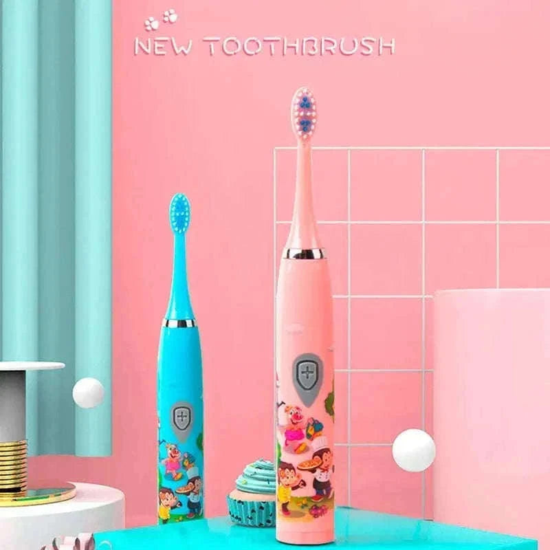 Kids Sonic Electric Toothbrush with Soft Bristles and USB Charging-Pink With 6 Heads