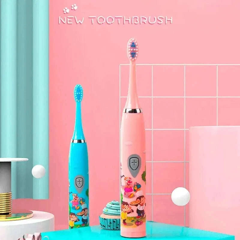 Kids Sonic Electric Toothbrush with Soft Bristles and USB Charging-Pink With 6 Heads