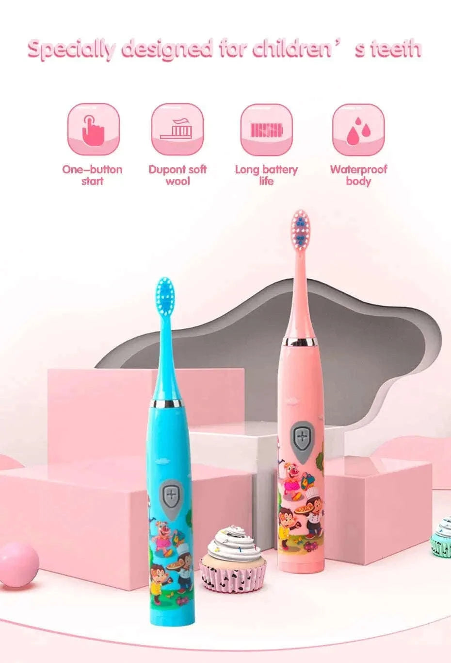 Kids Sonic Electric Toothbrush with Soft Bristles and USB Charging-Pink With 6 Heads