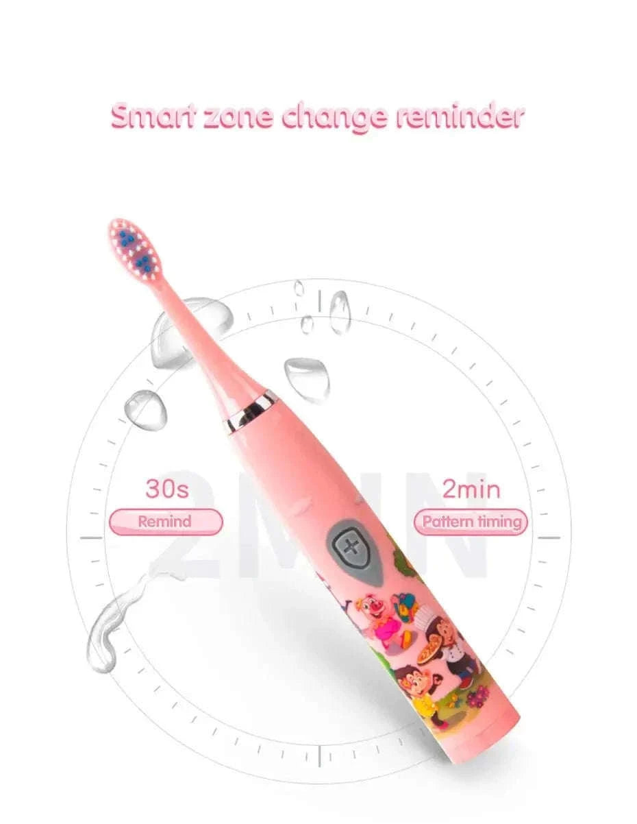 Kids Sonic Electric Toothbrush with Soft Bristles and USB Charging-Pink With 6 Heads