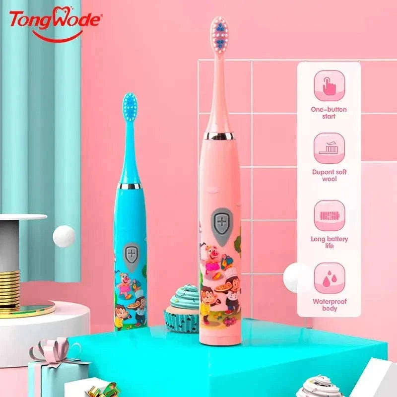 Kids Sonic Electric Toothbrush with Soft Bristles and USB Charging-Pink With 6 Heads