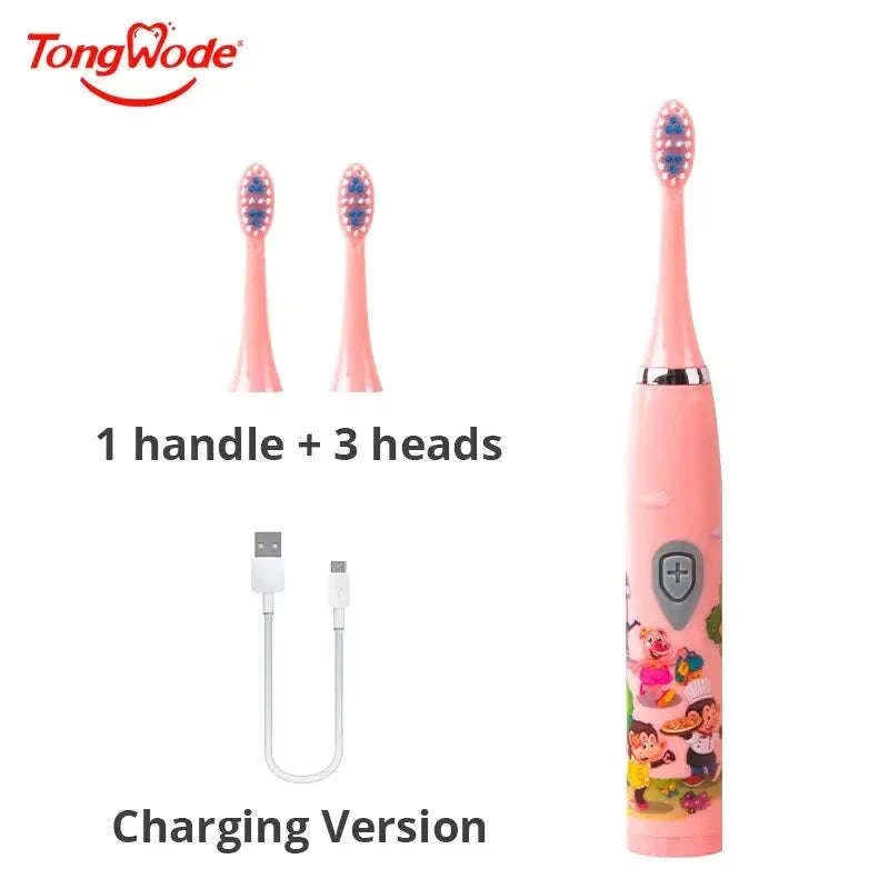 Kids Sonic Electric Toothbrush with Soft Bristles and USB Charging-Pink With 6 Heads