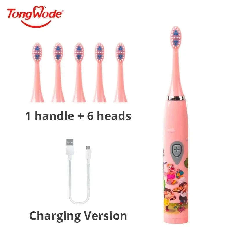 Kids Sonic Electric Toothbrush with Soft Bristles and USB Charging-Pink With 6 Heads