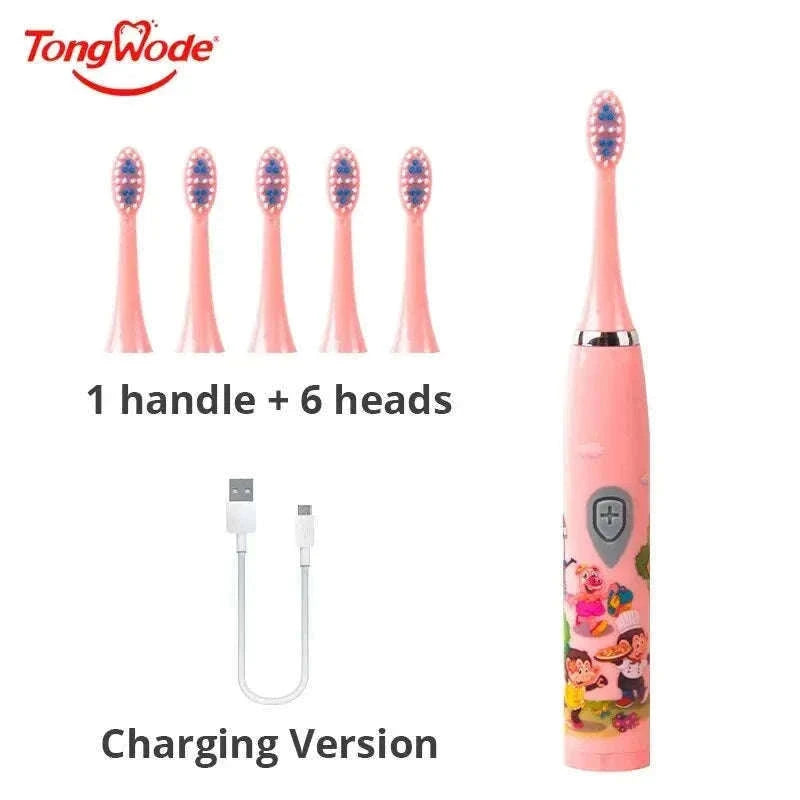 Kids Sonic Electric Toothbrush with Soft Bristles and USB Charging-Pink With 6 Heads