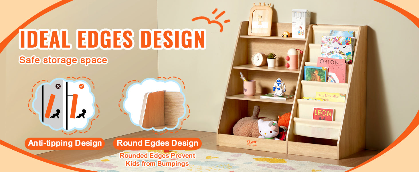 4-Tier Kids Bookshelf with Sling Storage & 10 Compartments