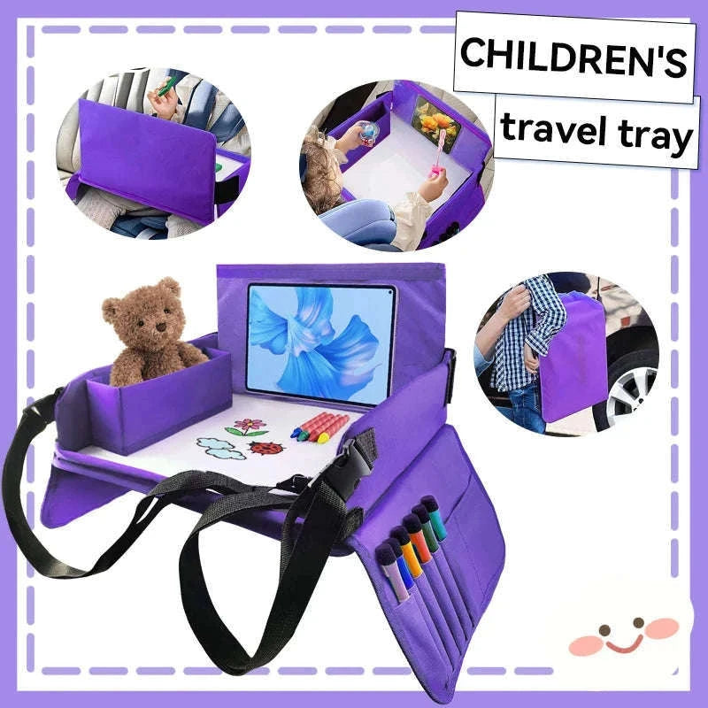 Kids Travel Tray with Tablet Pocket and Foldable Design-Blue