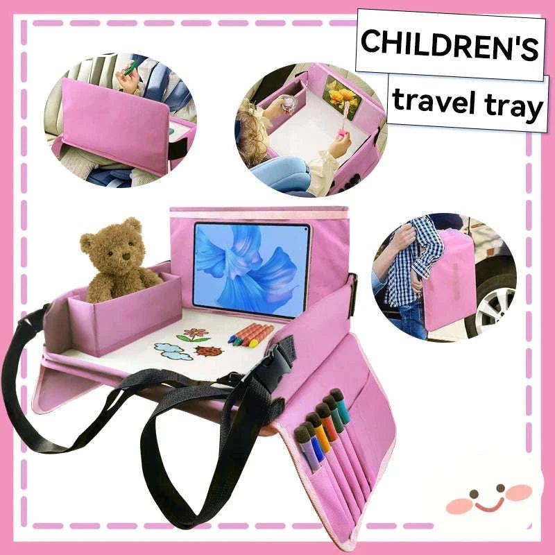 Kids Travel Tray with Tablet Pocket and Foldable Design-Blue