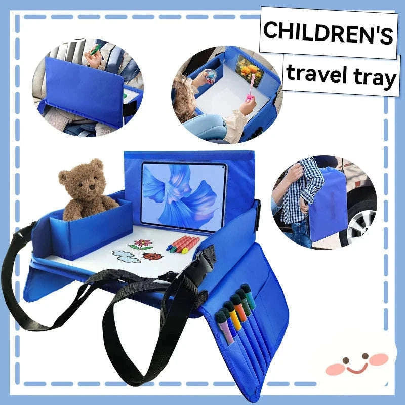 Kids Travel Tray with Tablet Pocket and Foldable Design-Blue