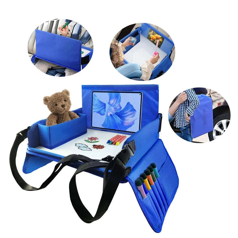 Kids Travel Tray with Tablet Pocket and Foldable Design-Blue