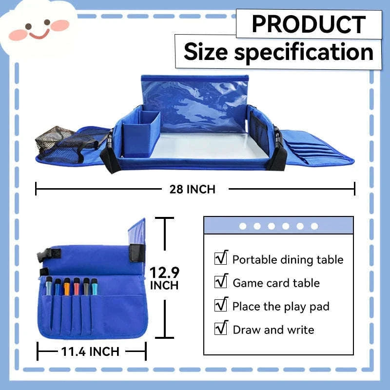 Kids Travel Tray with Tablet Pocket and Foldable Design-Blue