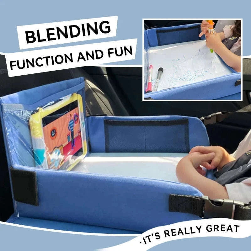 Kids Travel Tray with Tablet Pocket and Foldable Design-Blue
