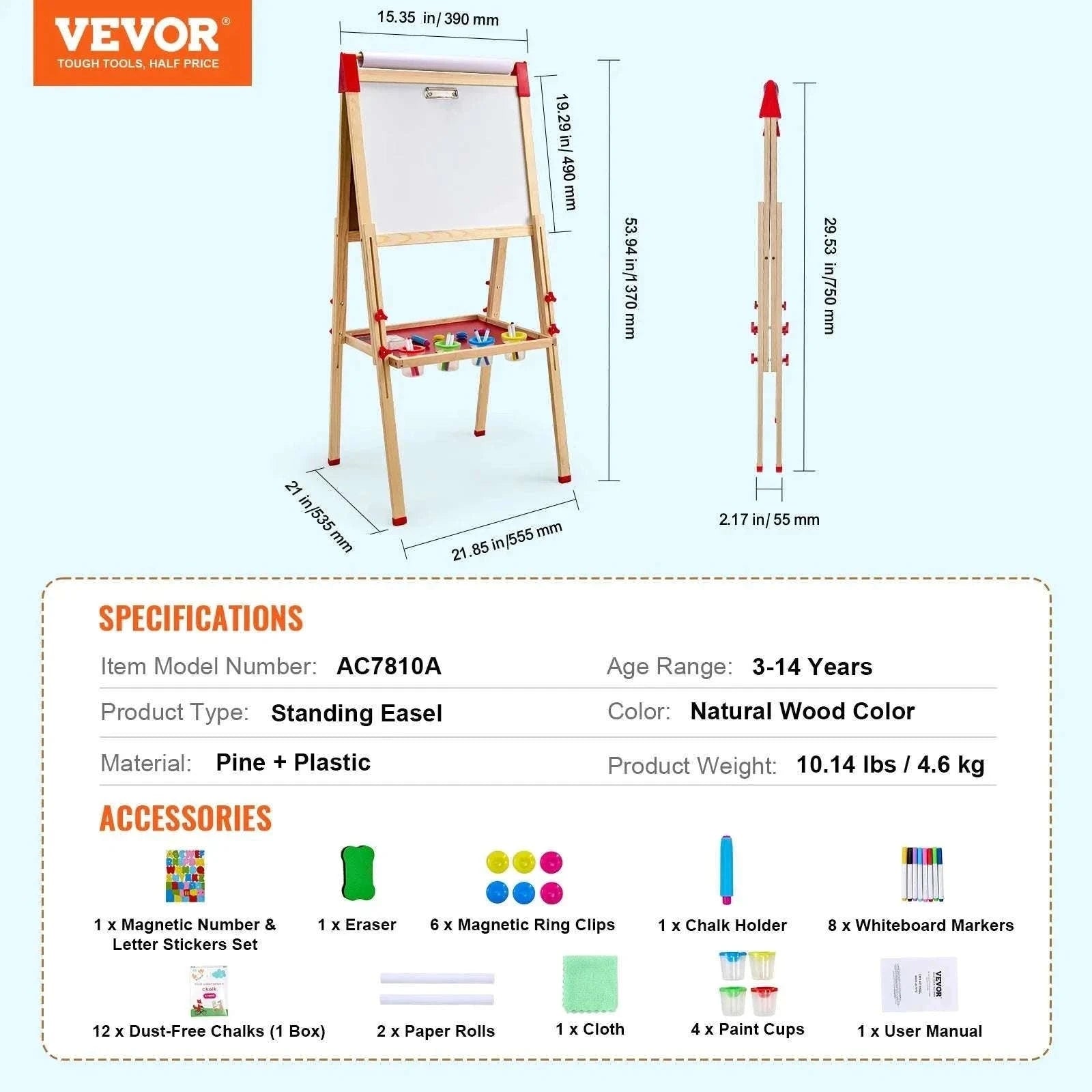 Kids Wooden Art Easel Double-Sided with Chalkboard & Whiteboard Set-1PC / United States