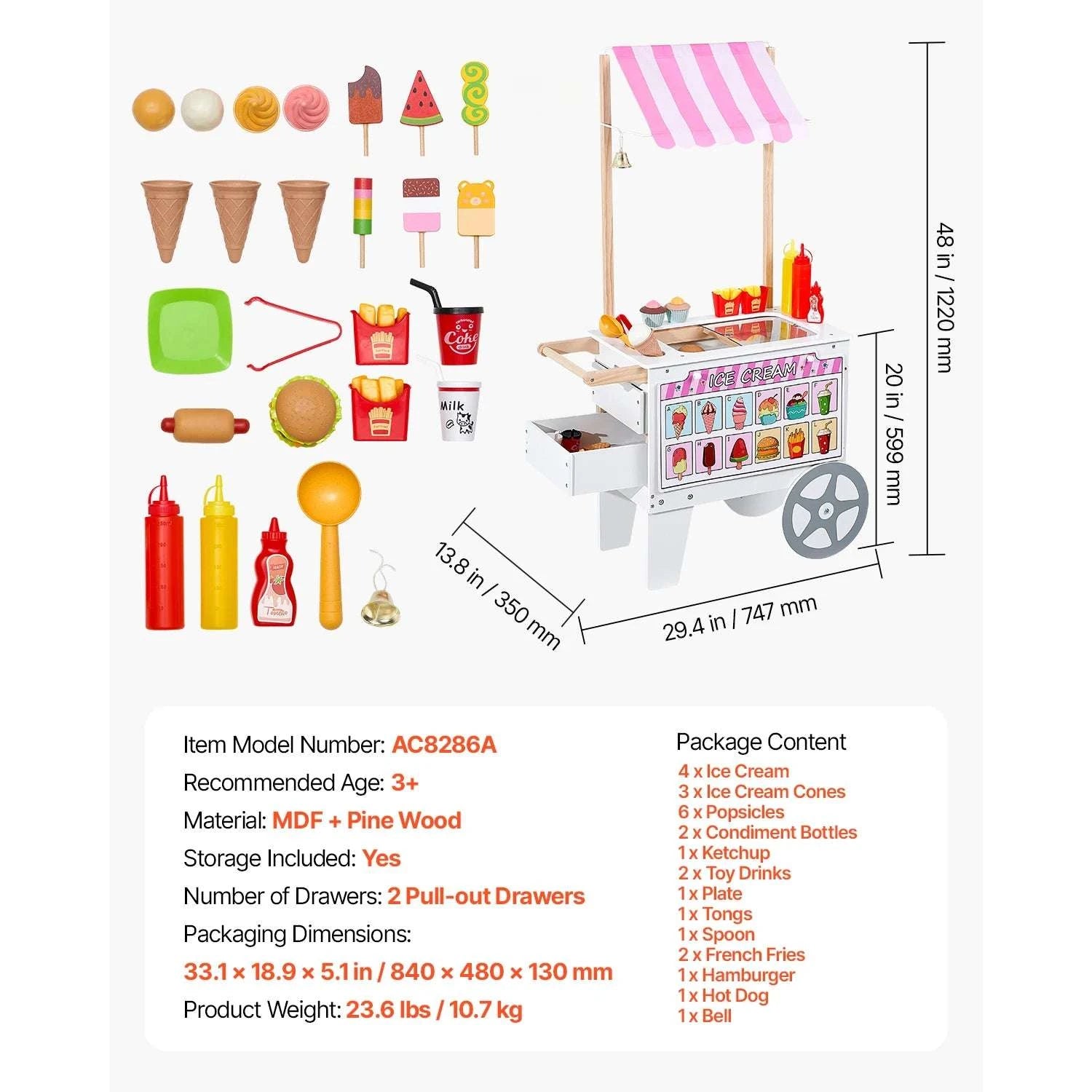 Kids Wooden Ice Cream Cart Playset with 20+ Accessories, 2-in-1 Shop-1Set / United States