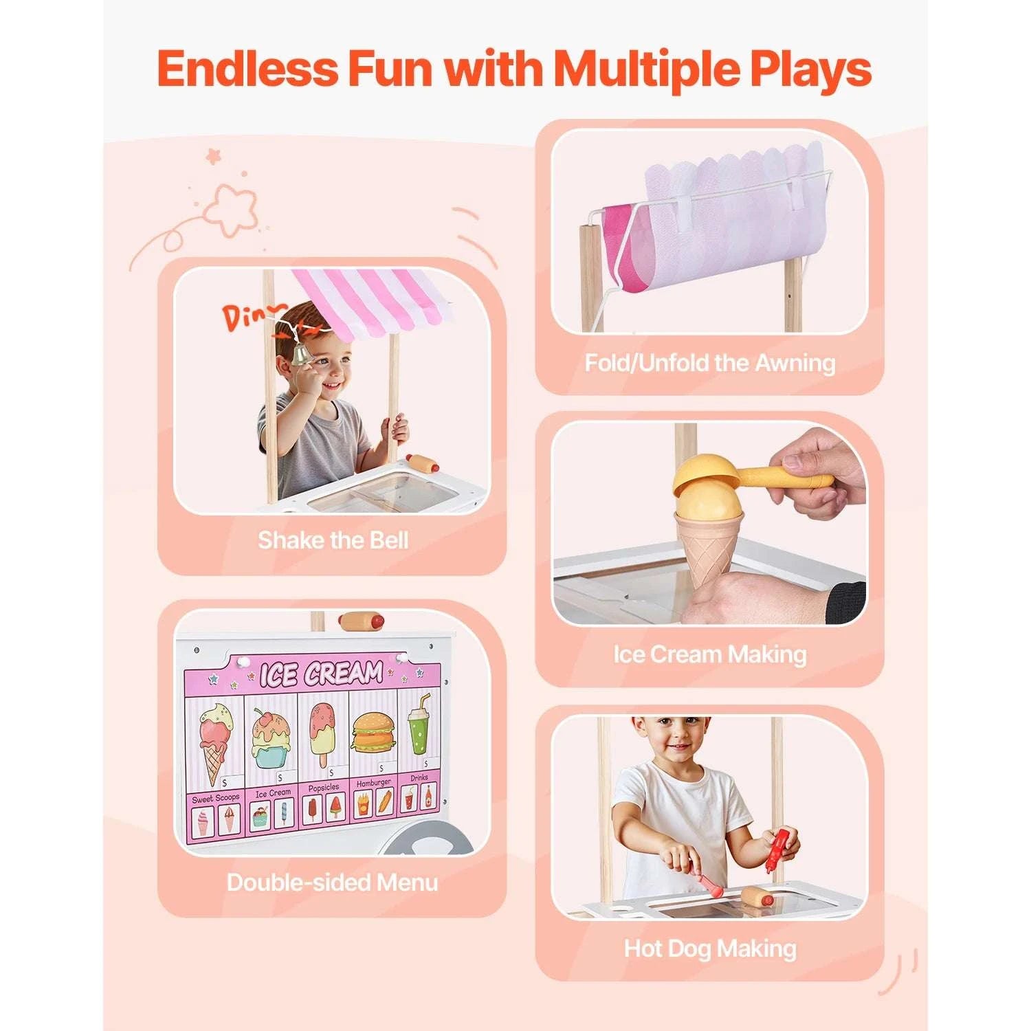 Kids Wooden Ice Cream Cart Playset with 20+ Accessories, 2-in-1 Shop-1Set / United States
