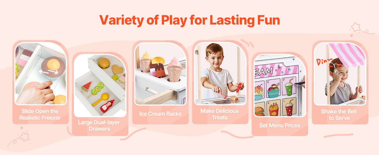 Kids Wooden Ice Cream Cart Playset with 20+ Accessories, 2-in-1 Shop-1Set / United States