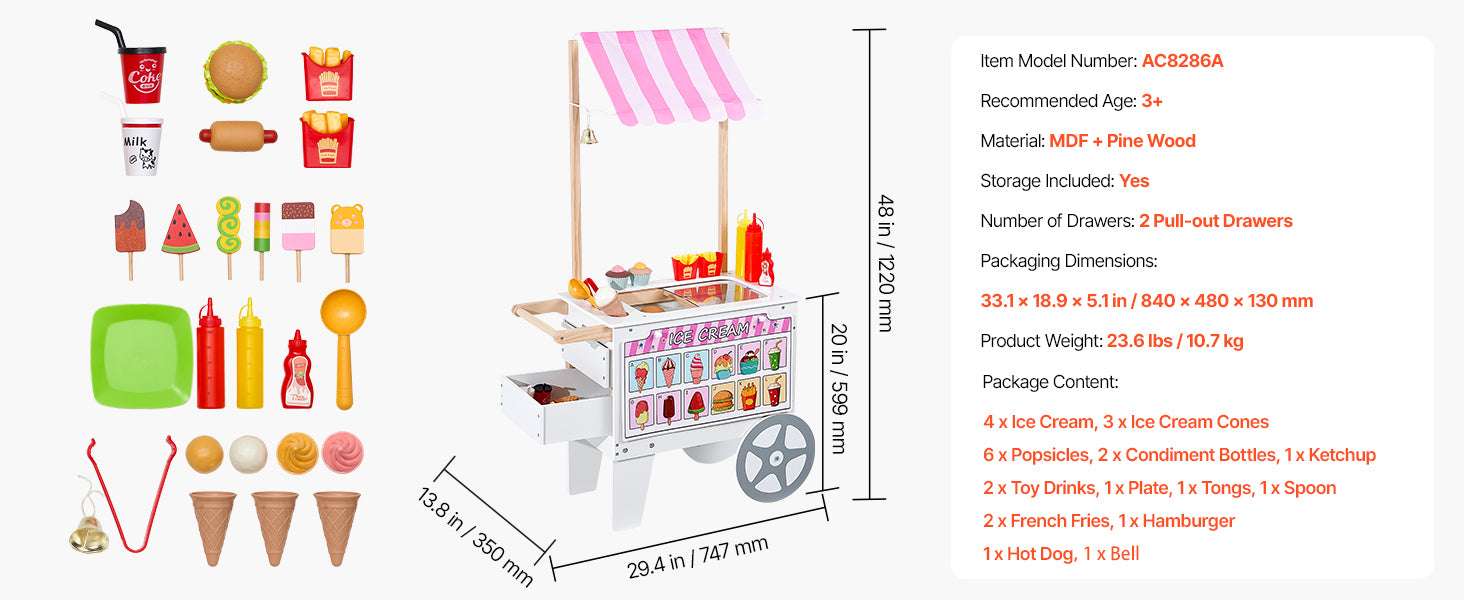 Kids Wooden Ice Cream Cart Playset with 20+ Accessories, 2-in-1 Shop-1Set / United States