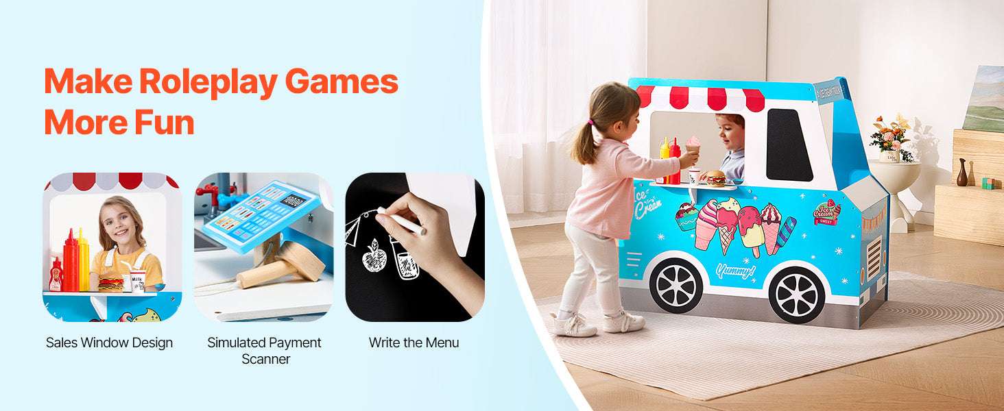 Kids Wooden Ice Cream Cart Playset with Steering Wheel & Accessories-1Set / United States