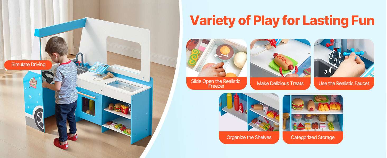 Kids Wooden Ice Cream Cart Playset with Steering Wheel & Accessories-1Set / United States