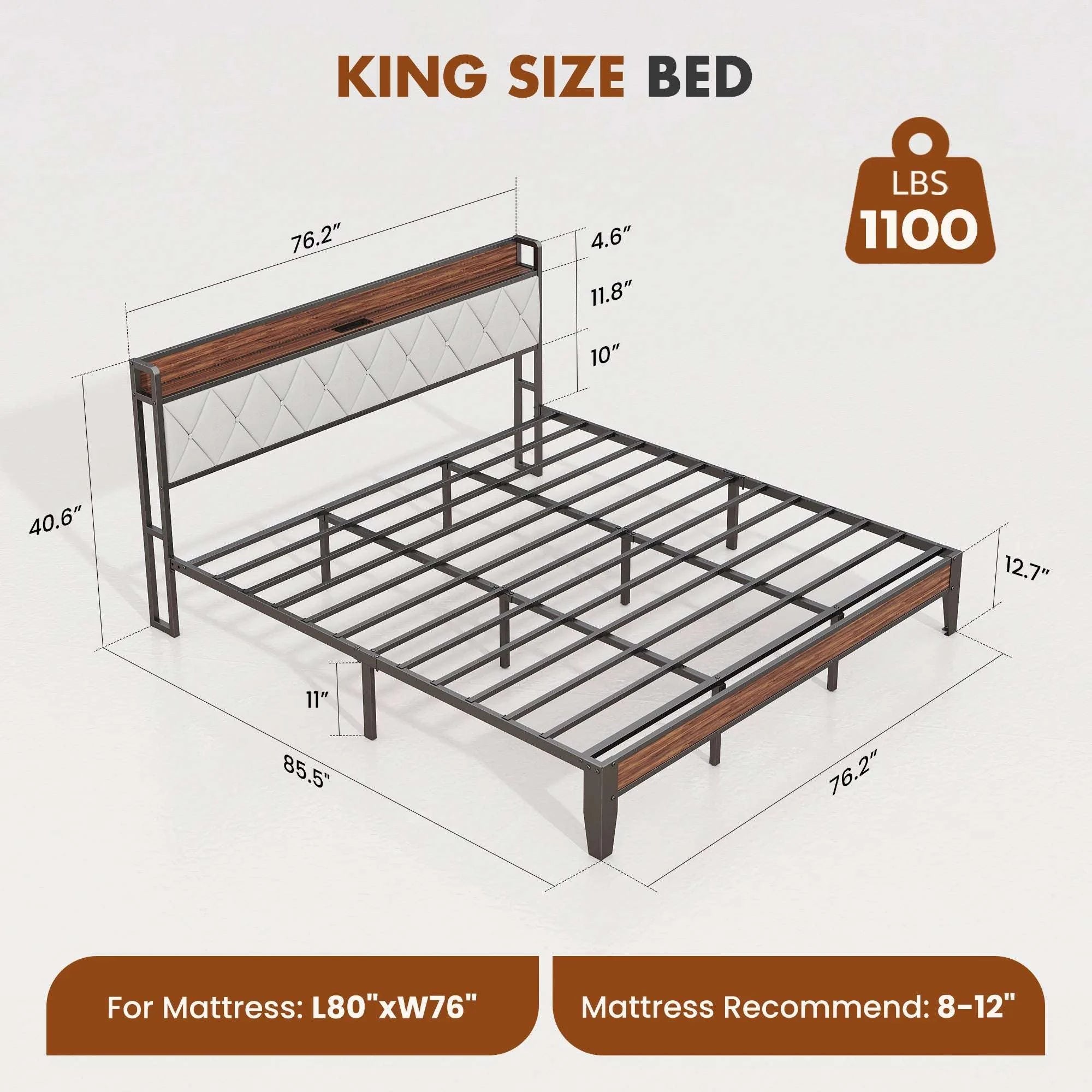 King Size Metal Bed Frame with Storage & Charging Headboard-King / United States