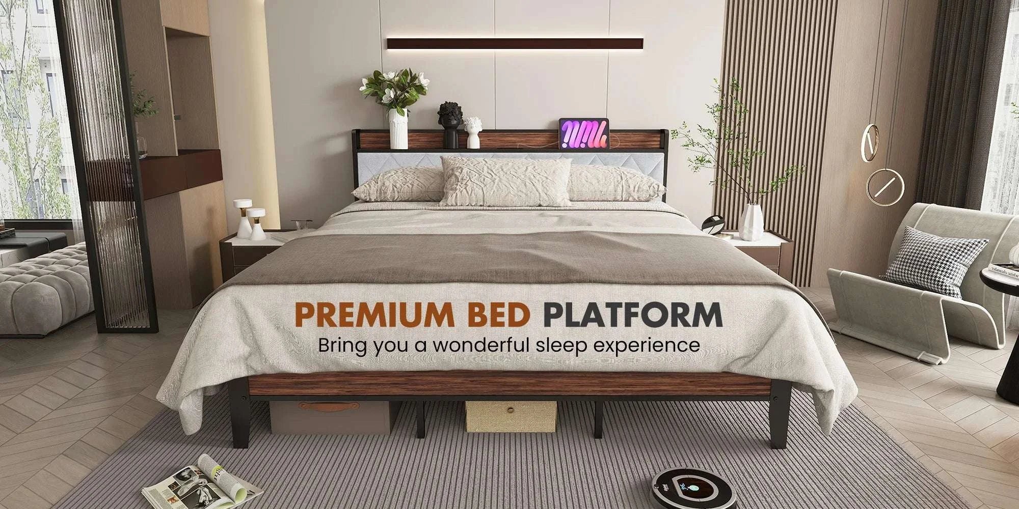 King Size Metal Bed Frame with Storage & Charging Headboard-King / United States