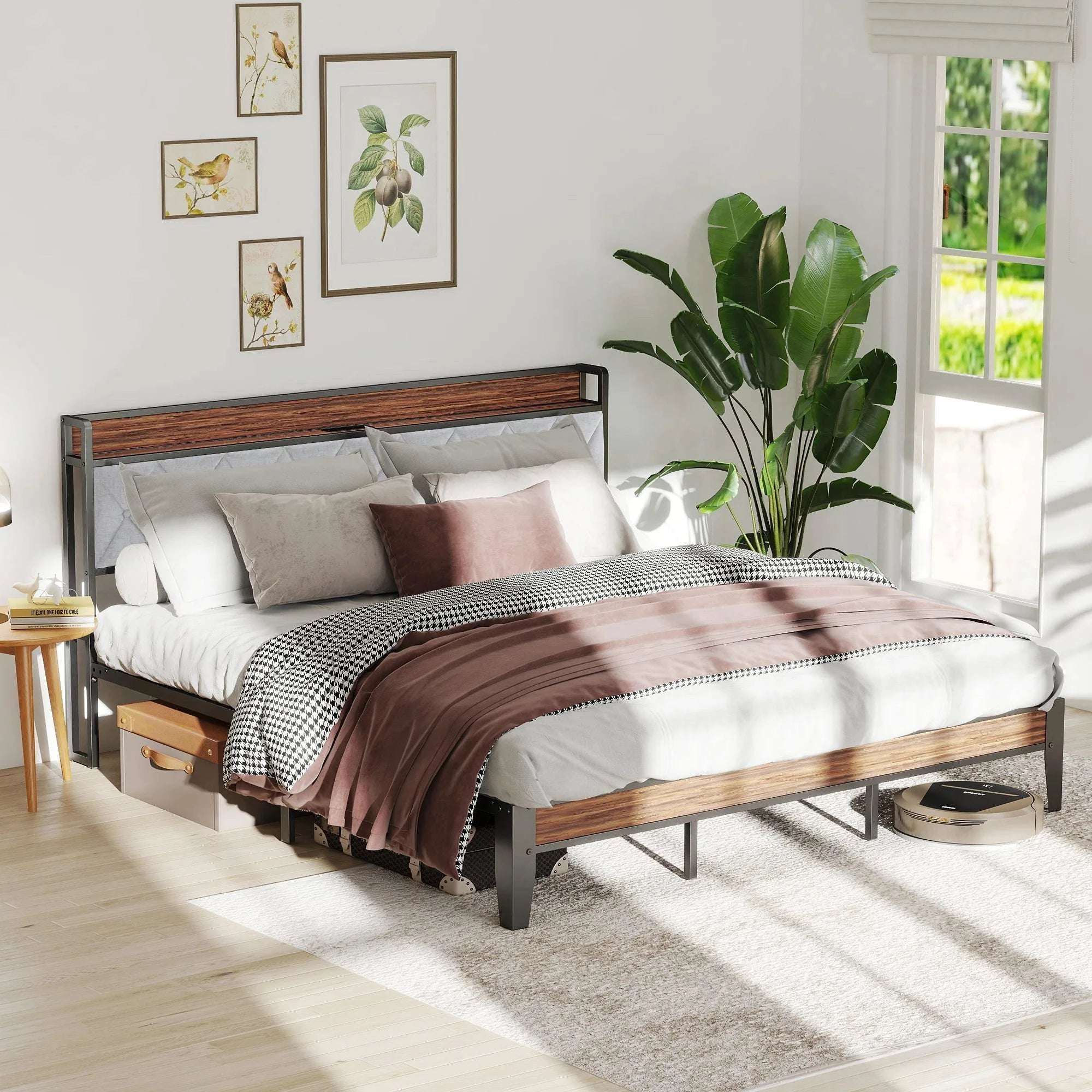 King Size Metal Bed Frame with Storage & Charging Headboard-King / United States