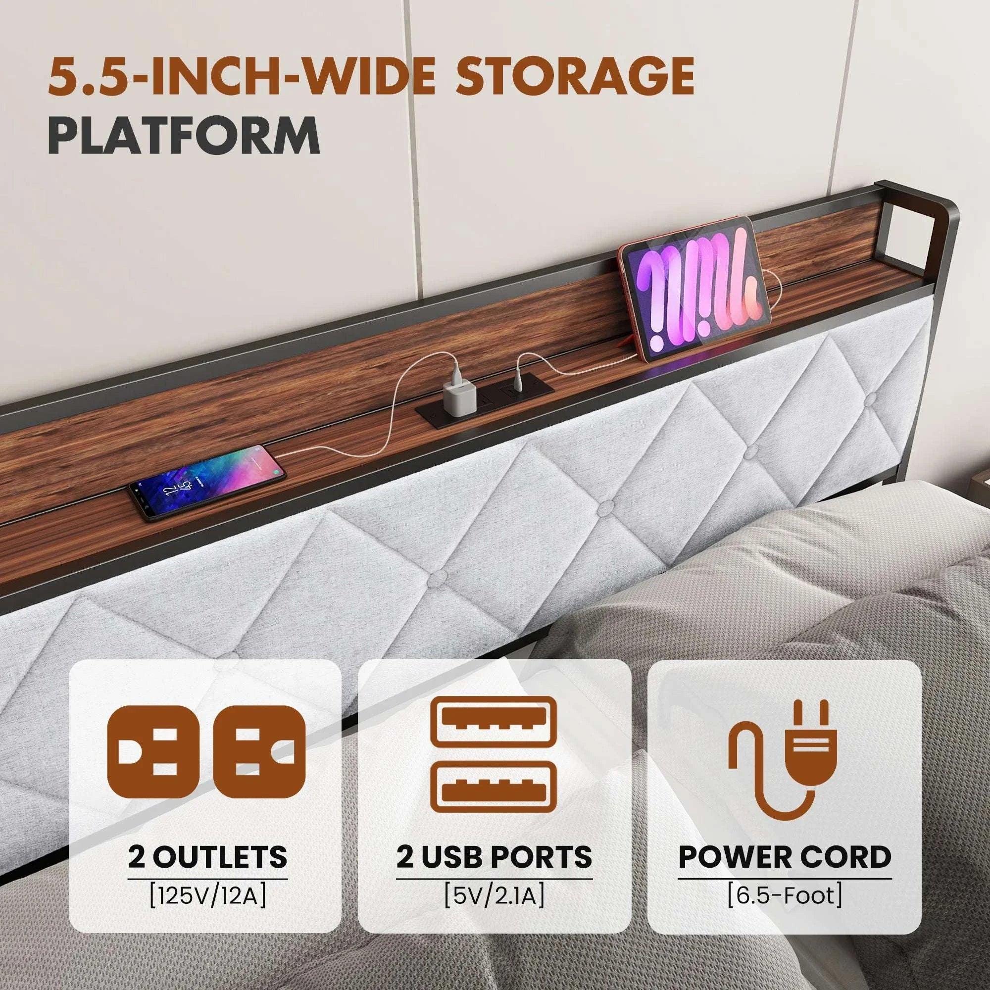 King Size Metal Bed Frame with Storage & Charging Headboard-King / United States