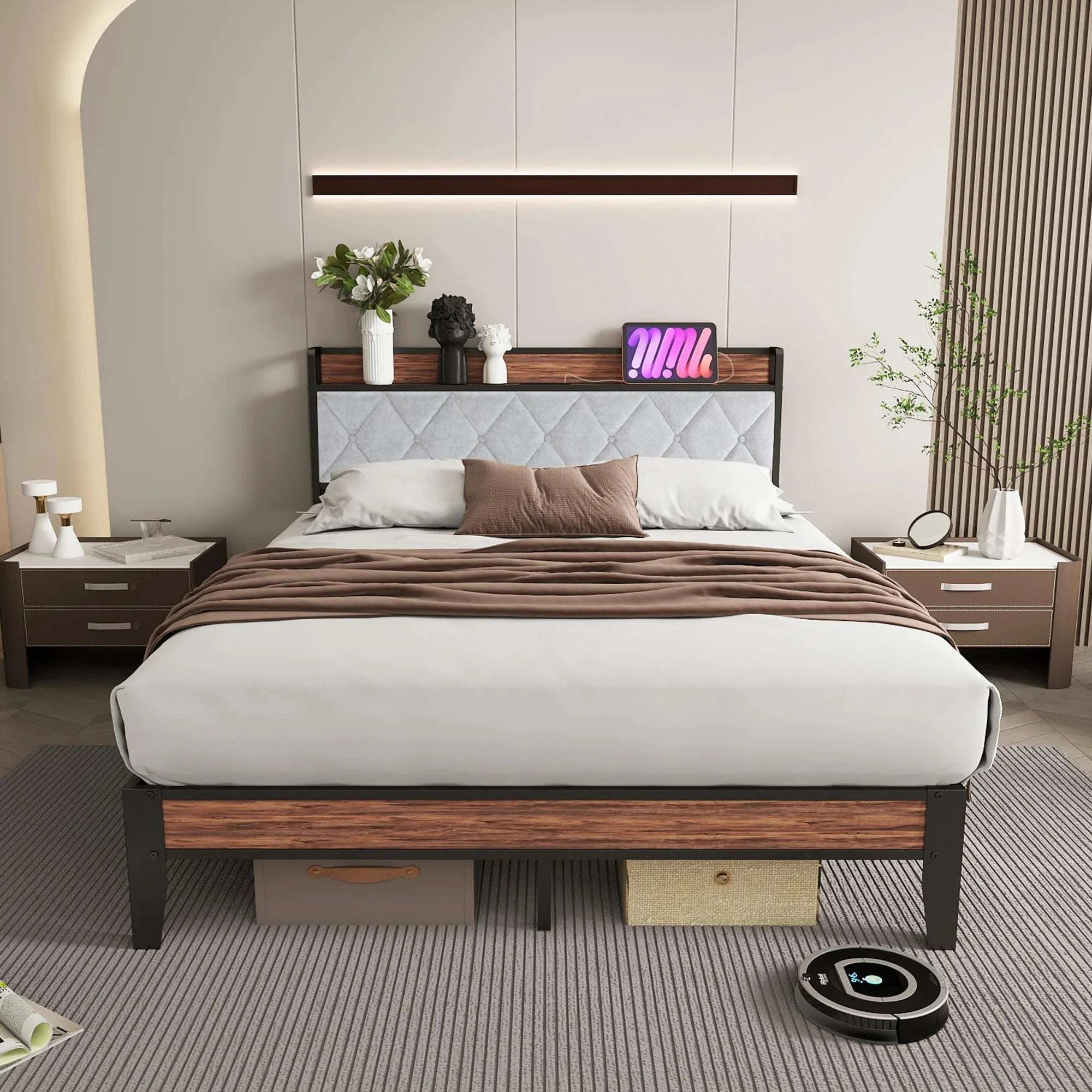 King Size Metal Bed Frame with Storage & Charging Headboard-King / United States