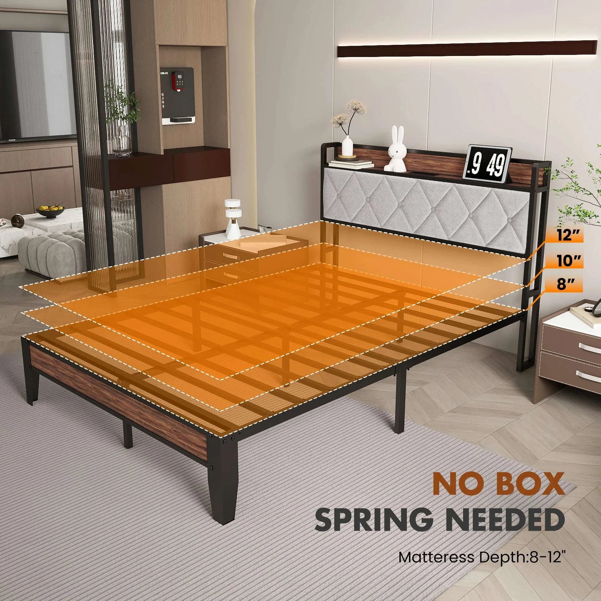 King Size Metal Bed Frame with Storage & Charging Headboard-King / United States