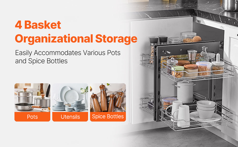 Blind Corner Pull Out Organizer with 4 Shelf Storage Baskets