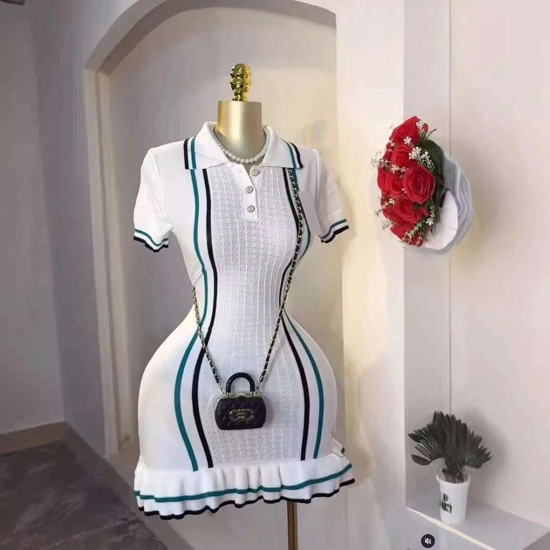 Knitted Bodycon Mini Dress with Ruffled Hem-Long Sleeve 2855 / One Size
