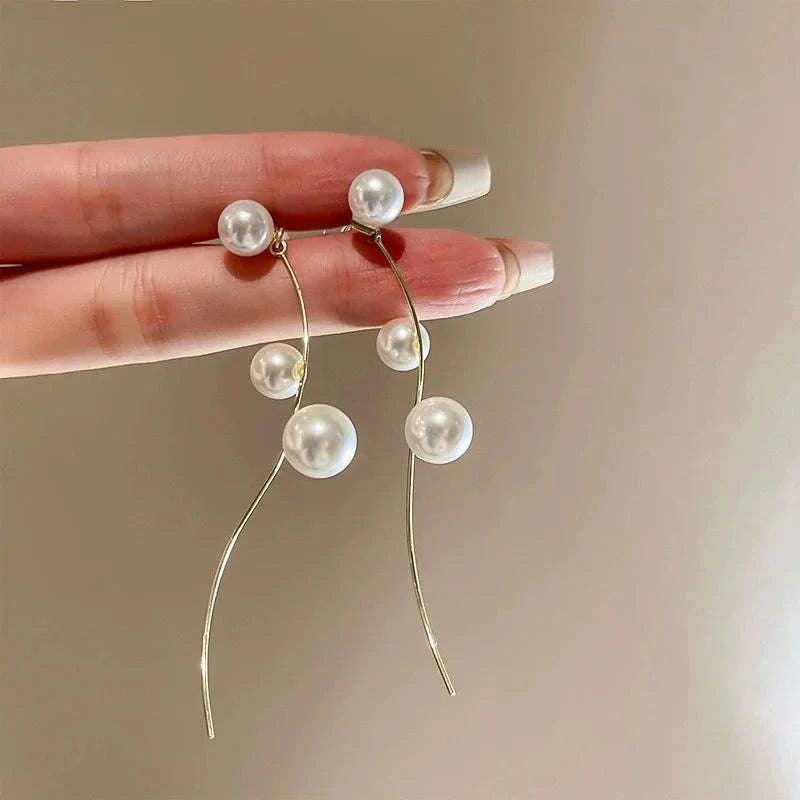 Korean Long Tassel Pearl Dangle Earrings for Women-1