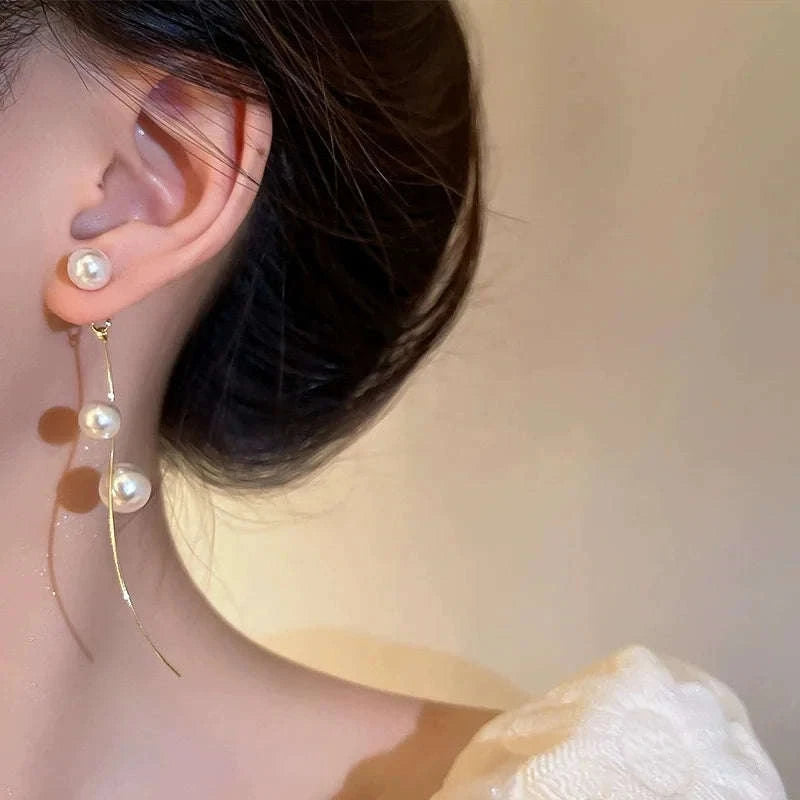 Korean Long Tassel Pearl Dangle Earrings for Women-1