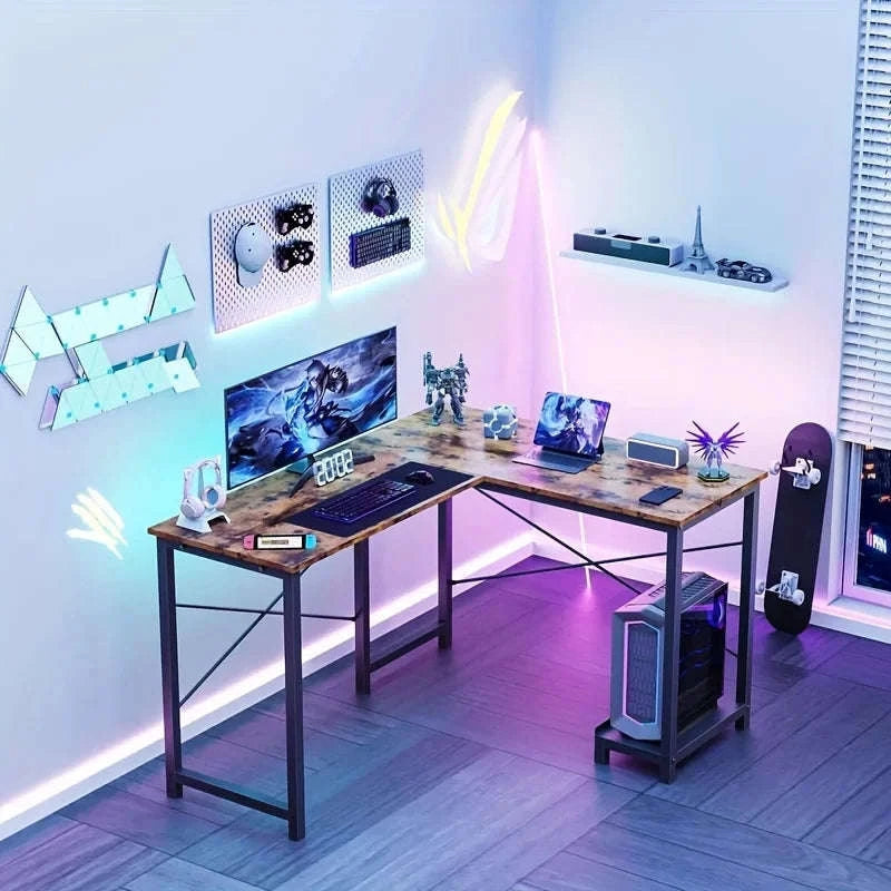 L-Shaped 50 Inch Wooden Office Desk with CPU Shelf-Black Desk / United States