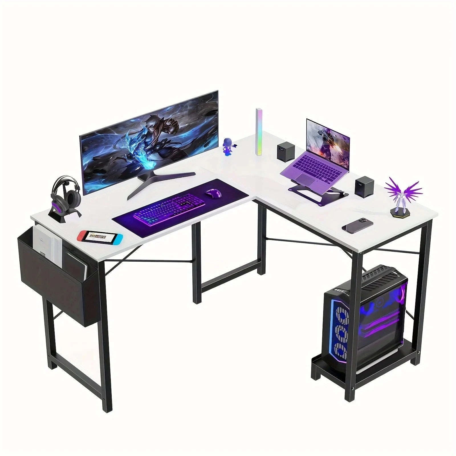L-Shaped 50 Inch Wooden Office Desk with CPU Shelf-Black Desk / United States