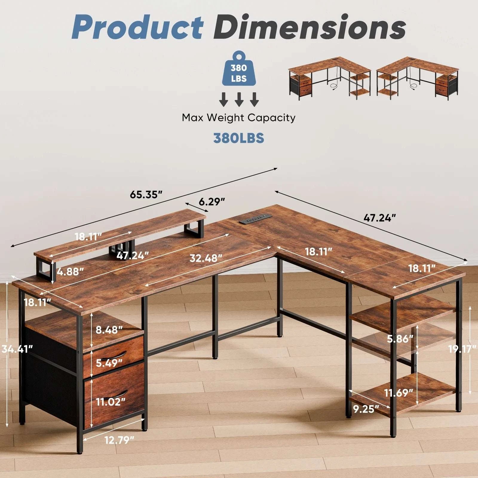 L Shaped Computer Desk with Drawers and Adjustable Storage Shelves-Chocolate / United States