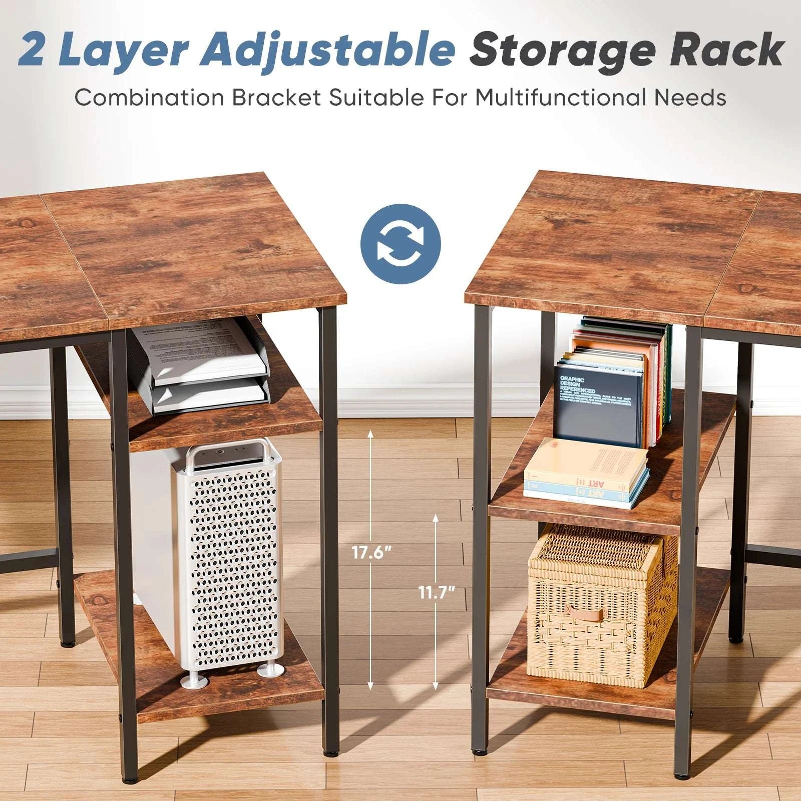 L Shaped Computer Desk with Drawers and Adjustable Storage Shelves-Chocolate / United States