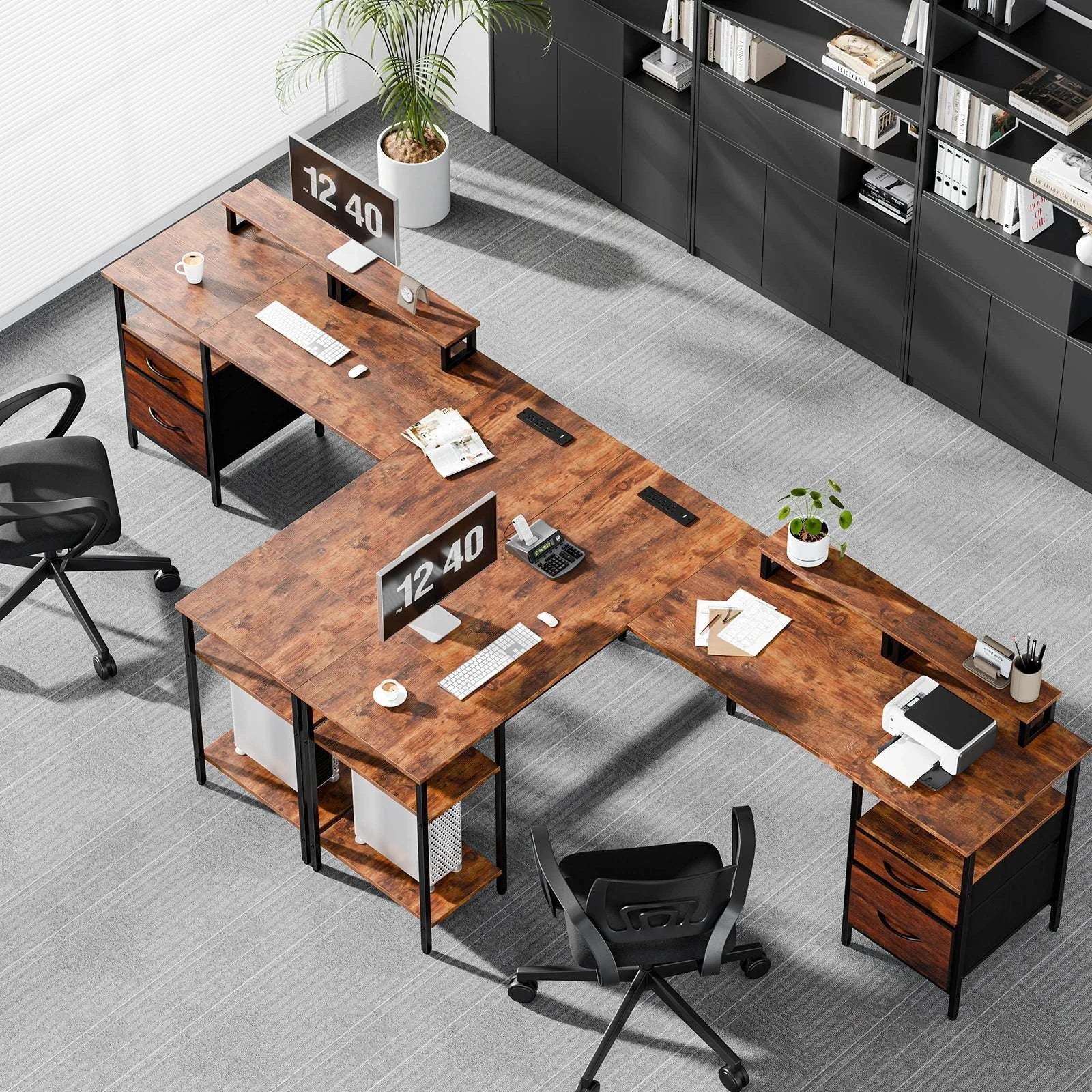 L Shaped Computer Desk with Drawers and Adjustable Storage Shelves-Chocolate / United States