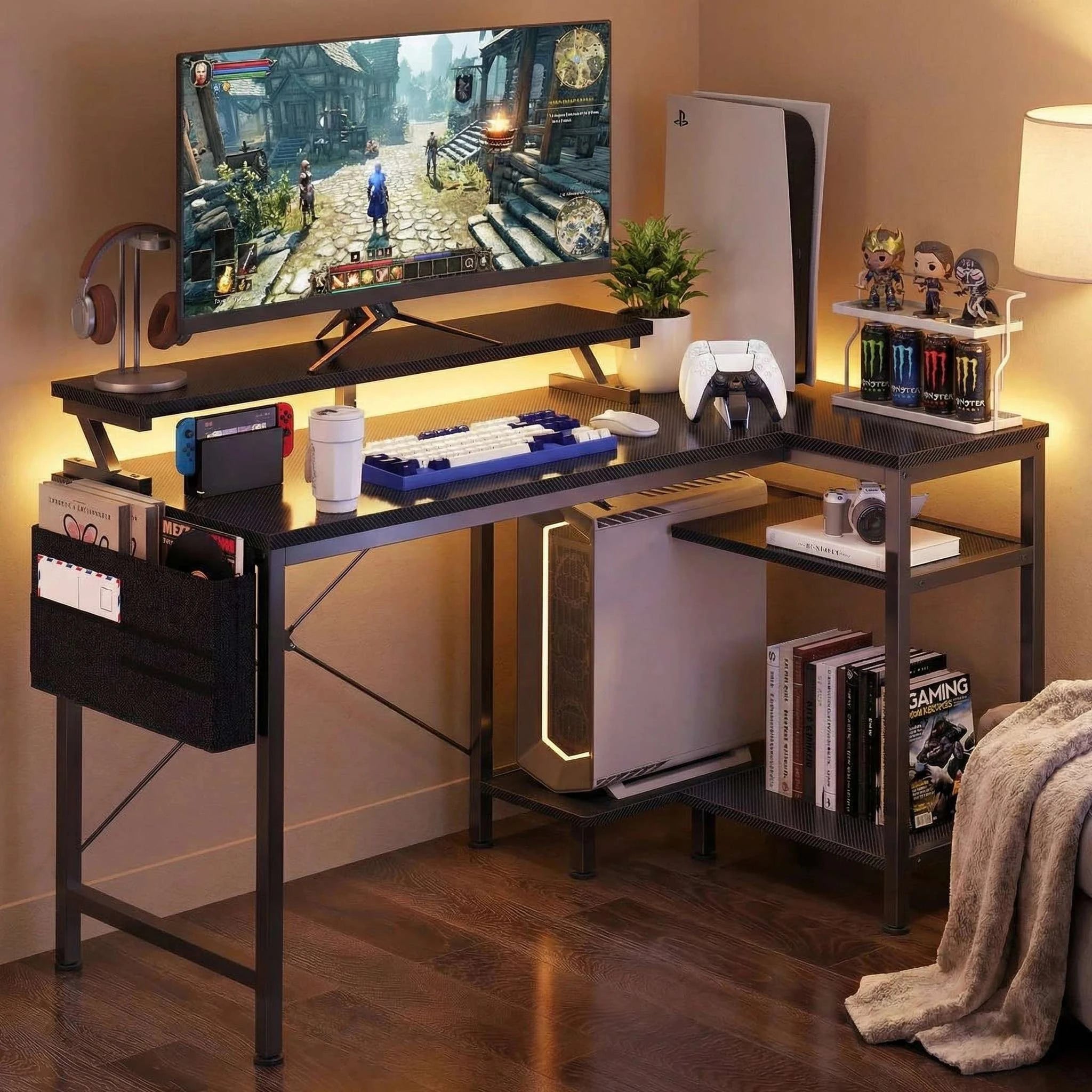 L-Shaped Gaming Desk with LED Lights & USB Ports (40–48 Inch)-40in Black / United States