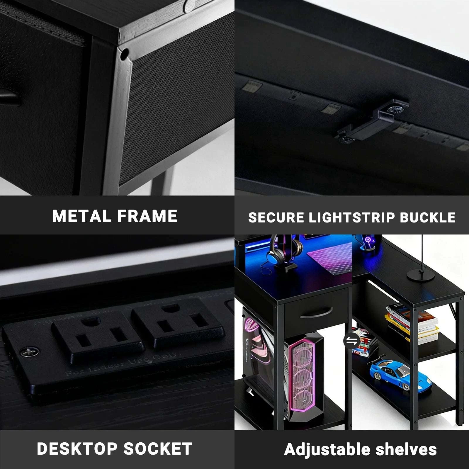 L-Shaped Gaming Desk with LED Lights, USB Ports & Storage Shelves-47IN White / United States