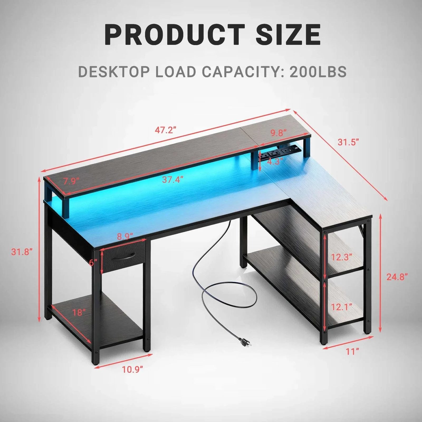 L-Shaped Gaming Desk with LED Lights, USB Ports & Storage Shelves-47IN White / United States