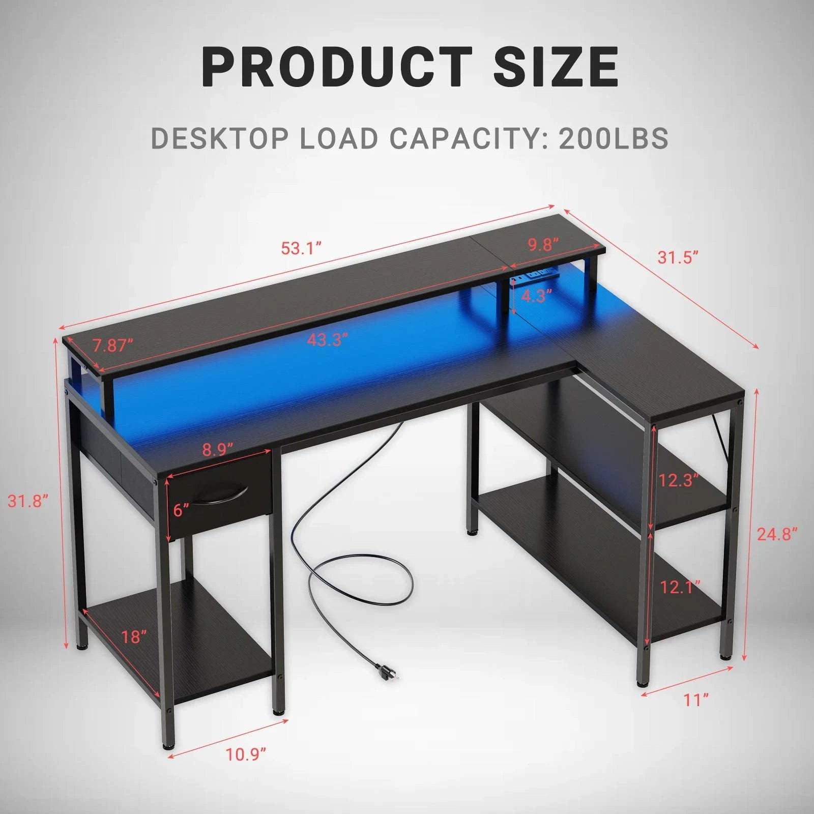 L-Shaped Gaming Desk with LED Lights, USB Ports & Storage Shelves-47IN White / United States