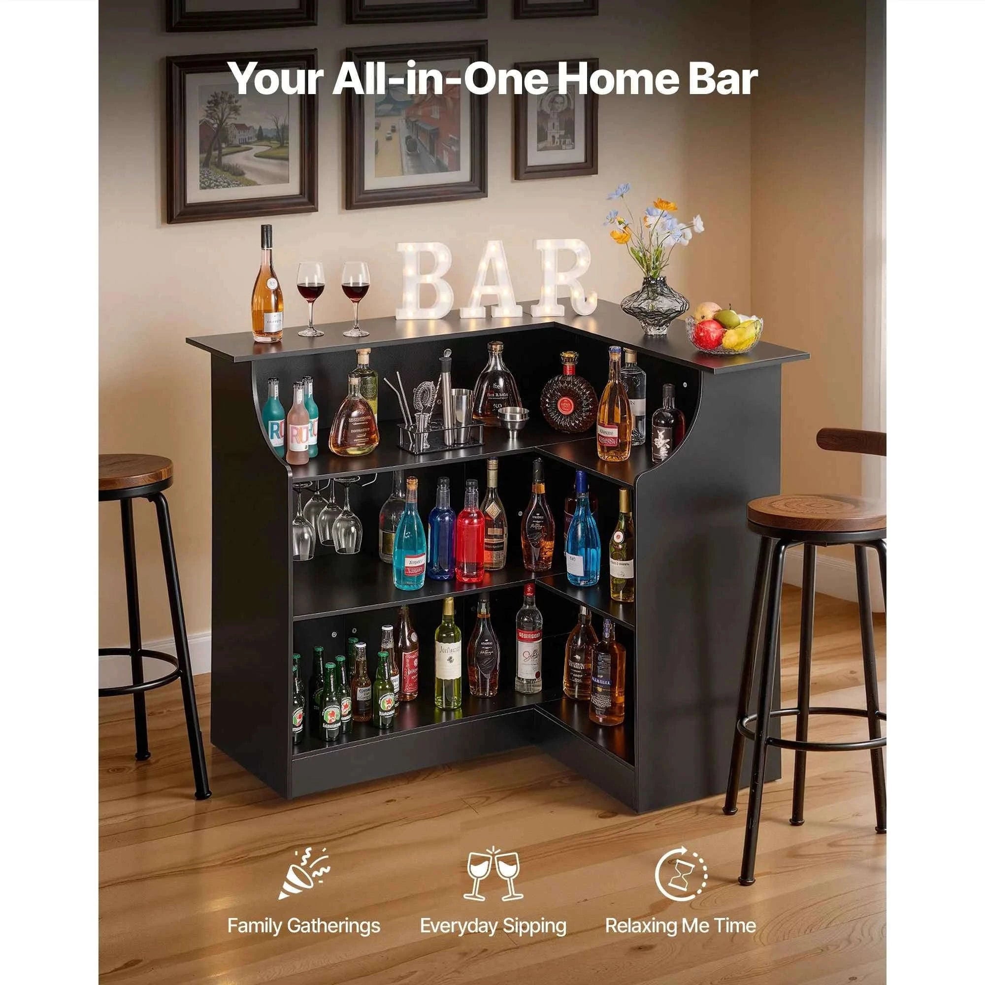 L-Shaped Wine Bar Cabinet with 4-Tier Storage Shelves-51.18x39.37x44.09in / United States