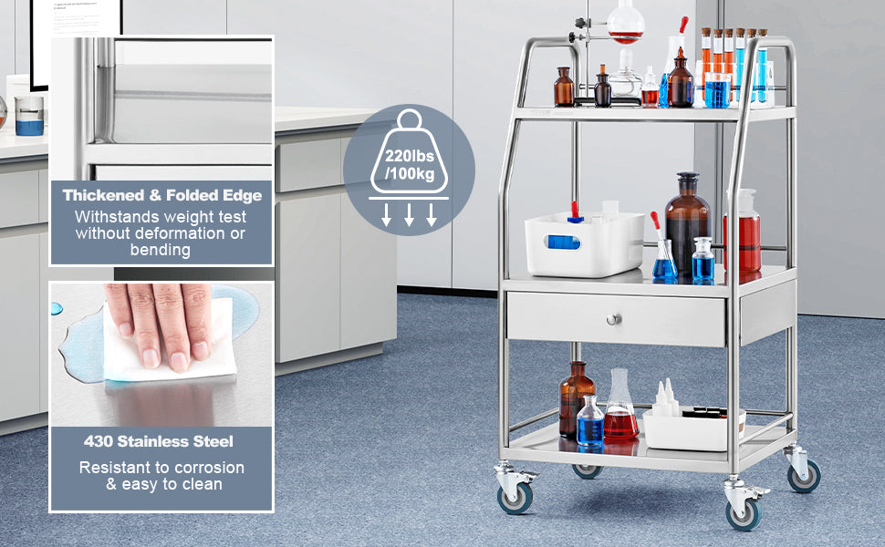 3-vånings rullvagn i rostfritt stål för laboratorium med låda och låsbara hjul