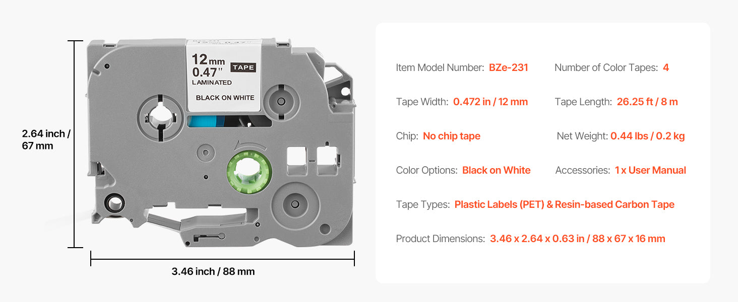 4-Pack 12mm Label Maker Tape Black on White for Brother TZe-231